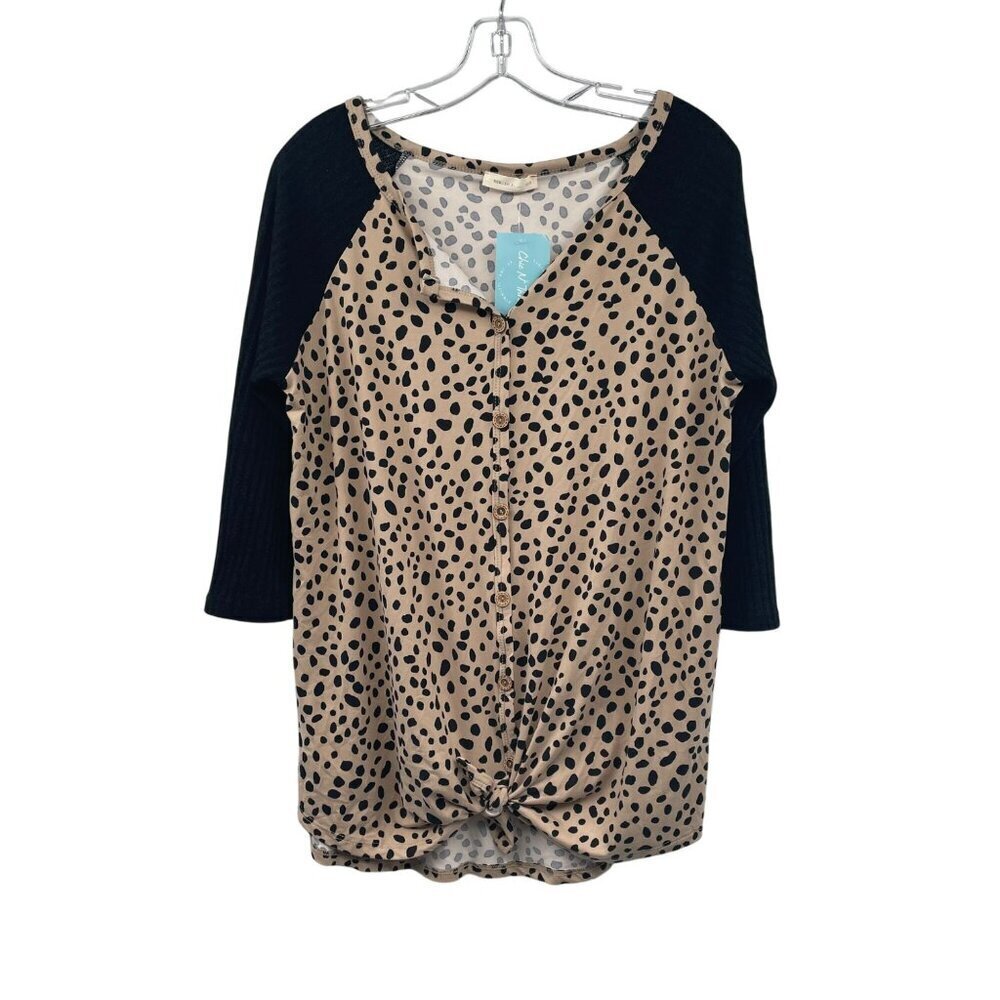 REB. in J. Womens Button Up Top Tie Hem Tan/Black Spotted Size XL New